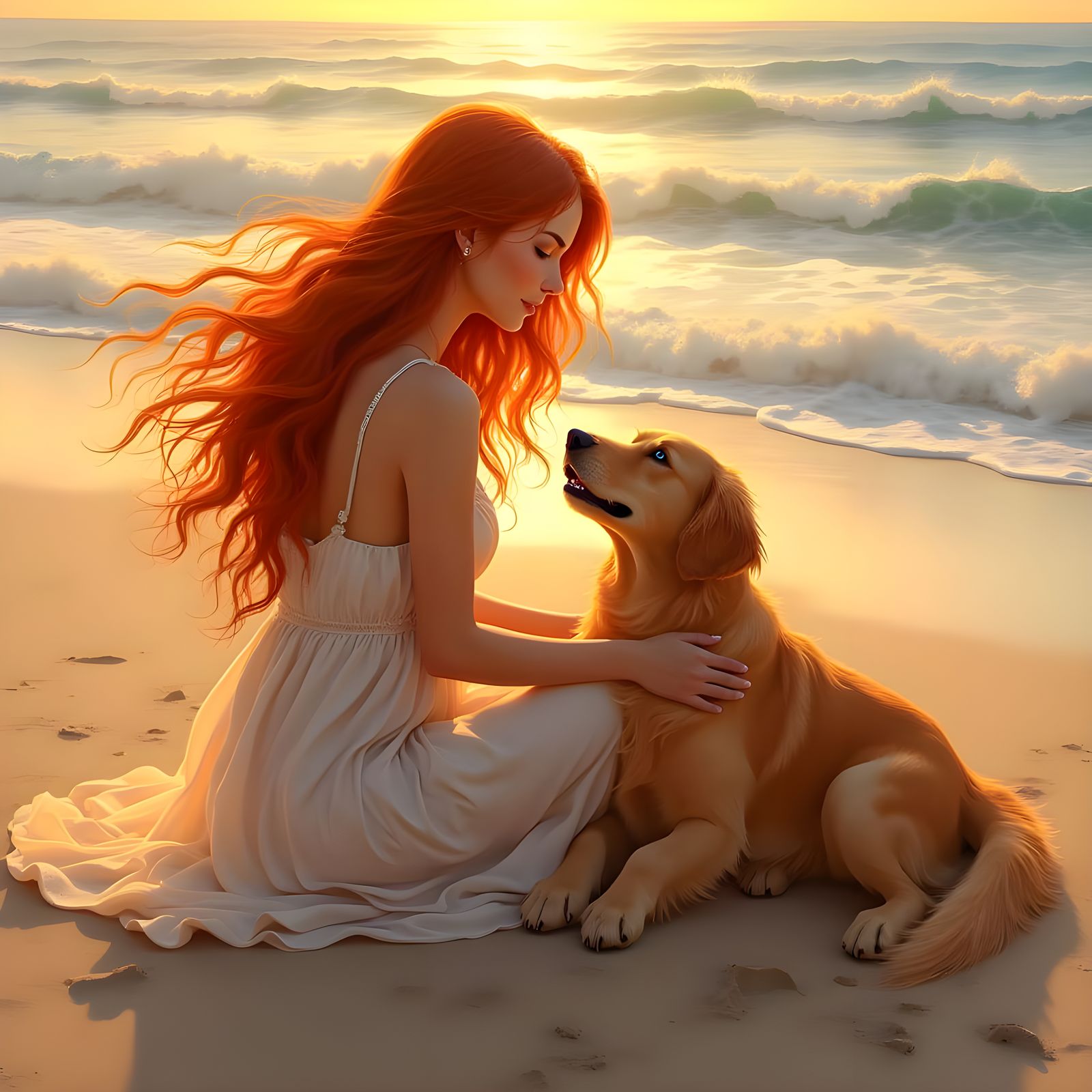 Woman and Dog on Beach at Sunset