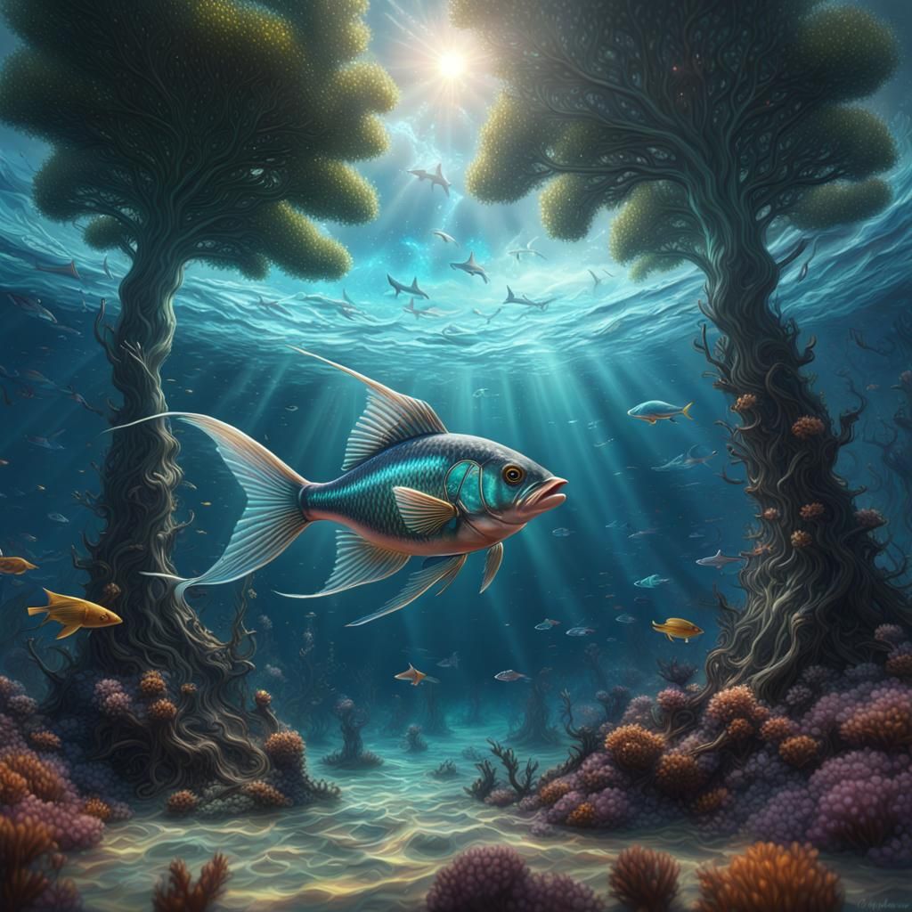 Surreal Underwater Scene with Flying Fish, Digital Art