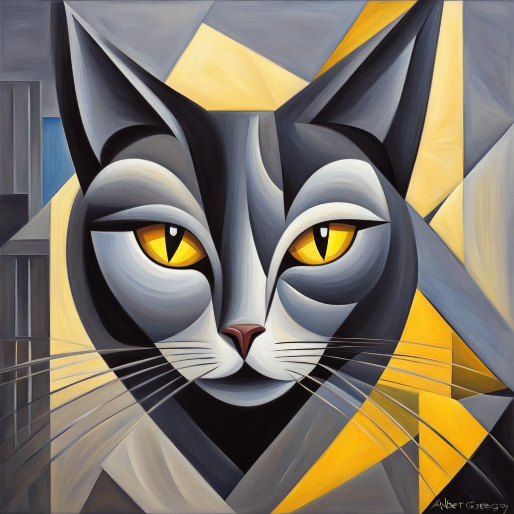 Fluffy Grey Cat in Abstract Cubist Style