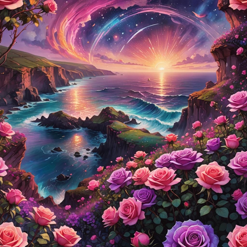 Astral Roses on Wild Sea Cliff: Dreamy Illustration