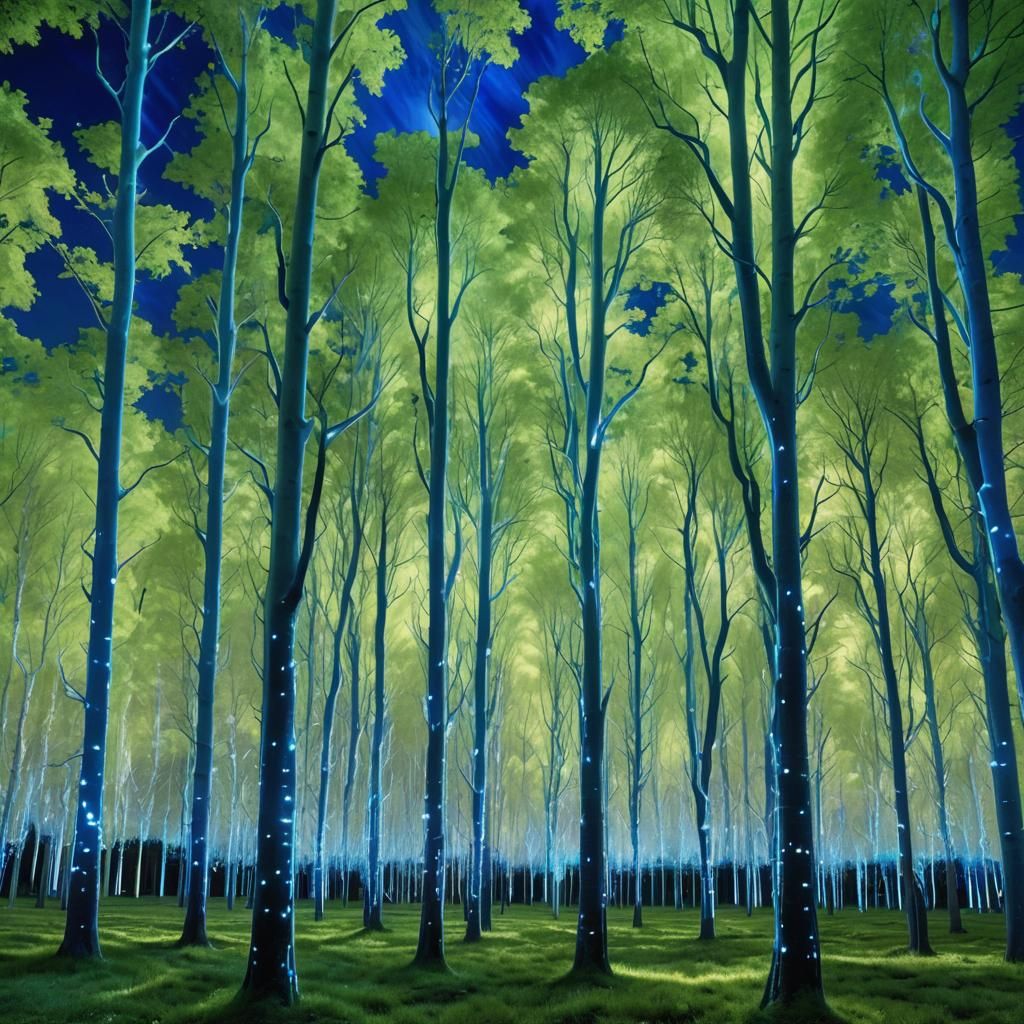 Futuristic Park with Glowing Trees and Aurora