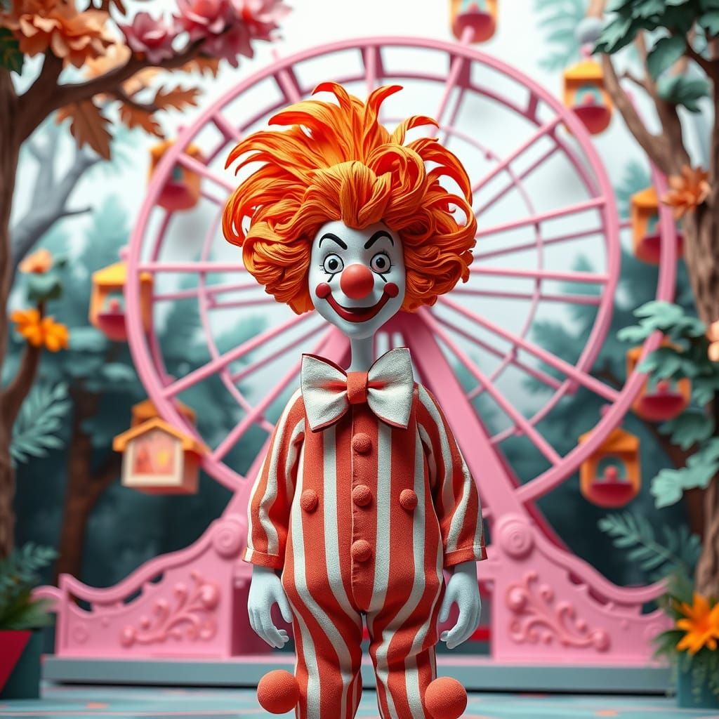 Whimsical Paper Craft Clown Amidst Vibrant Forest Wheel