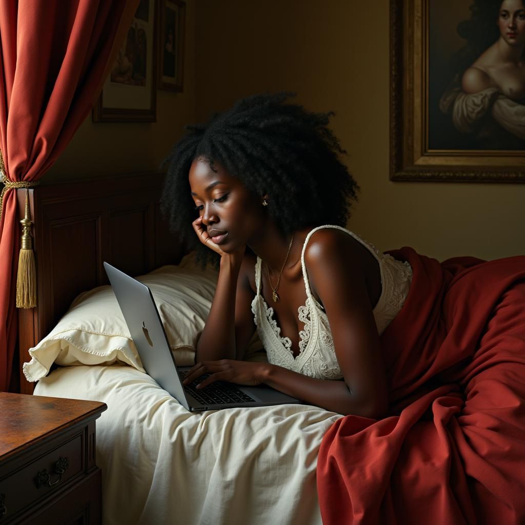 Renaissance Portrait: Woman with Laptop in Bed