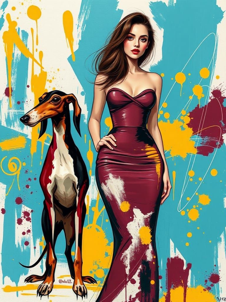 Abstract Expressionism Woman with Hound in Painted Style