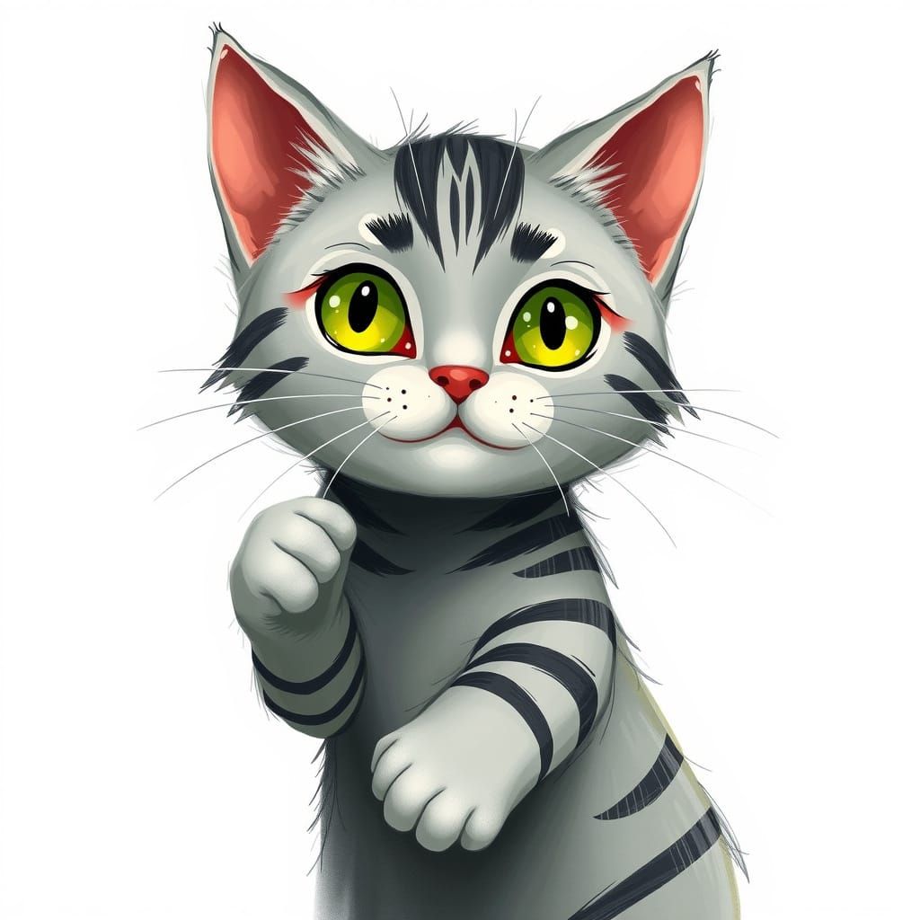 Whimsical Gray Cat with Distinctive Stripes and Bright Green...