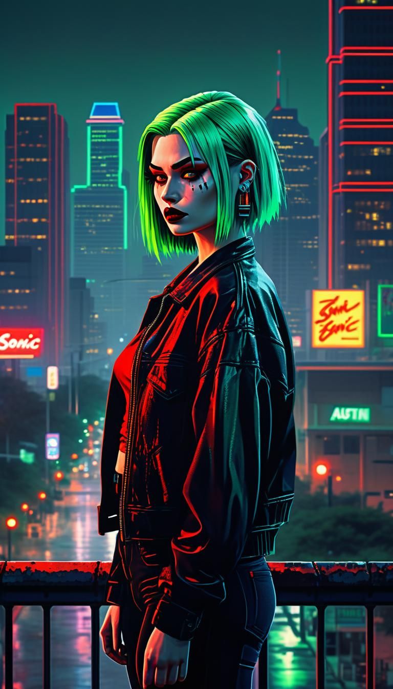 Edgy Woman in 16-bit Austin Cityscape