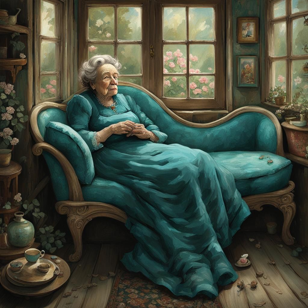 Cottagecore: Elderly Woman on Vintage Chaise Lounge