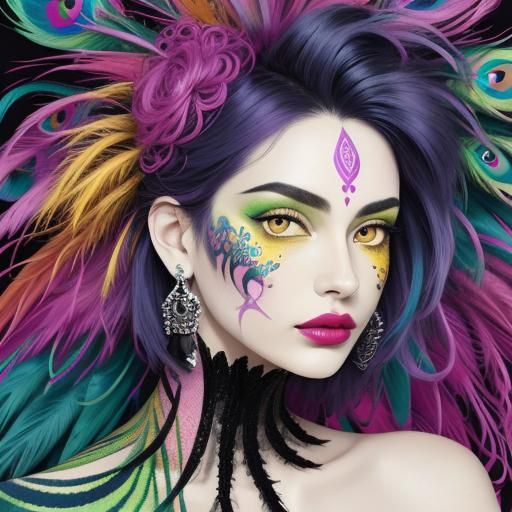 Abstract Woman with Peacock Hair in Matisse Style