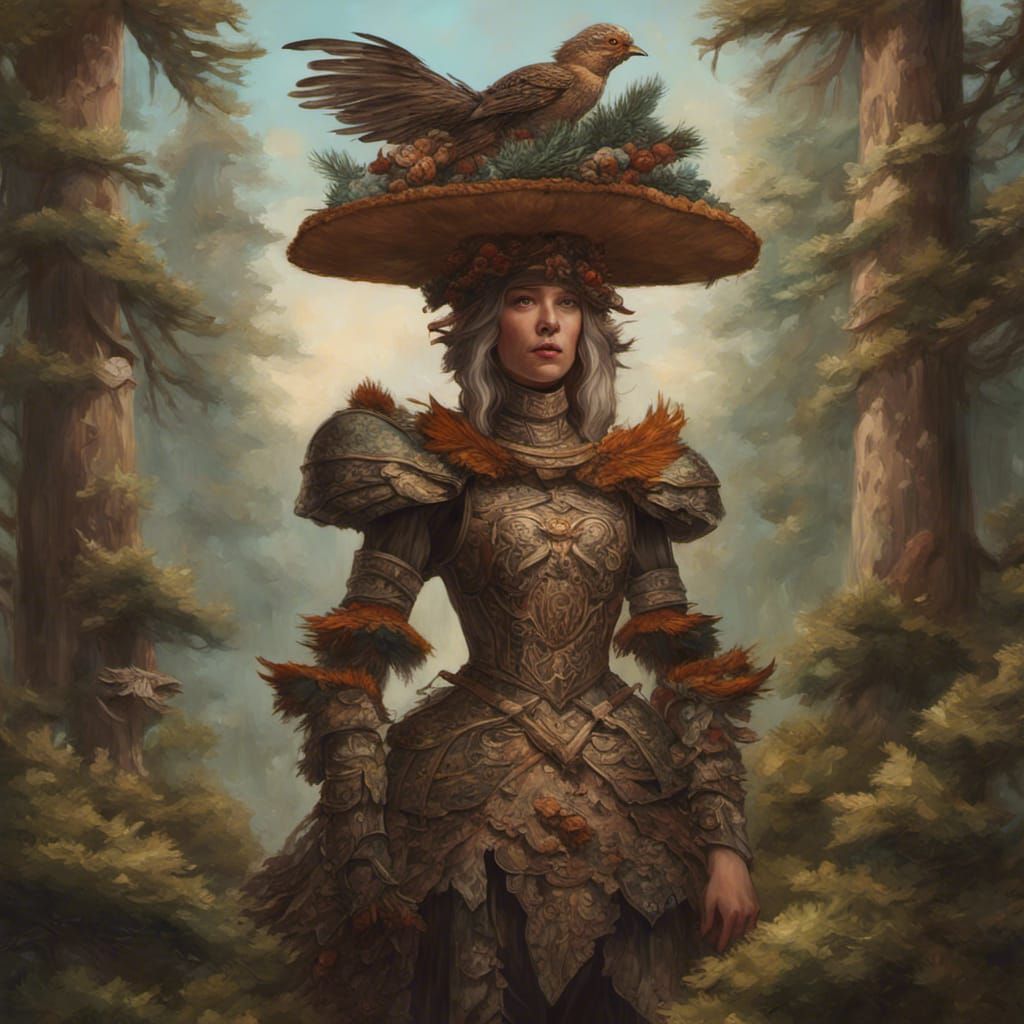Demented Woman in Wooden Armor with Pinecone Hat
