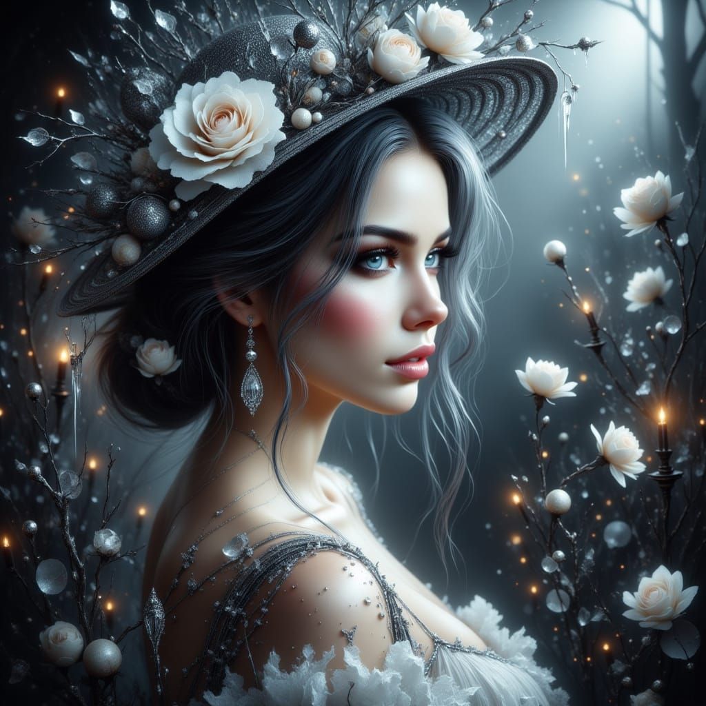 Gothic Woman in Elegant Ice White and Black Gown