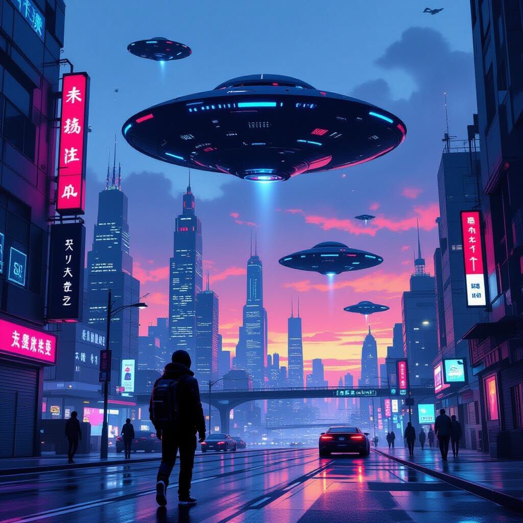 Cyberpunk Cityscape with UFOs and Streetwear Style