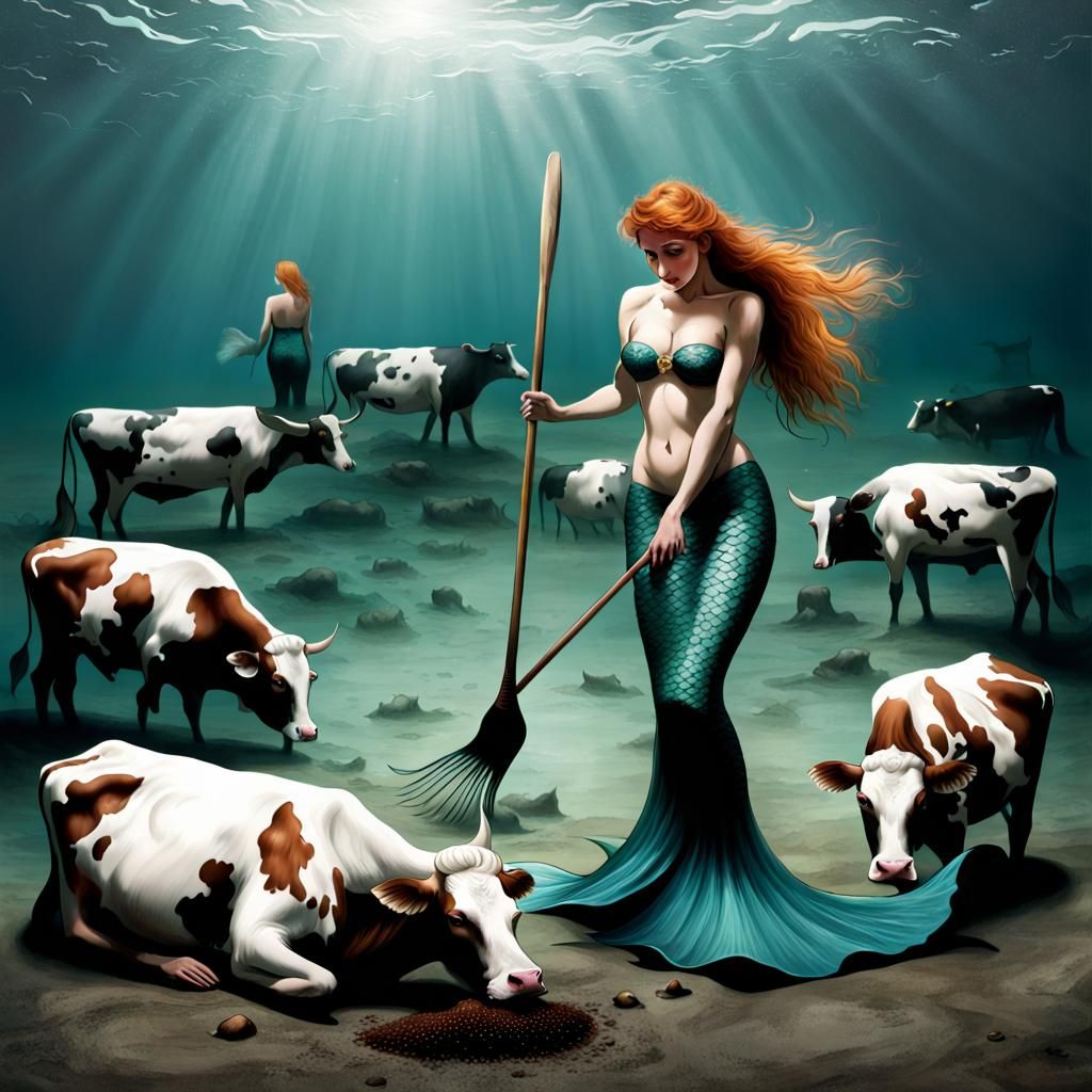 Mermaid Sweeping Away Dead Cows: Surreal Scene