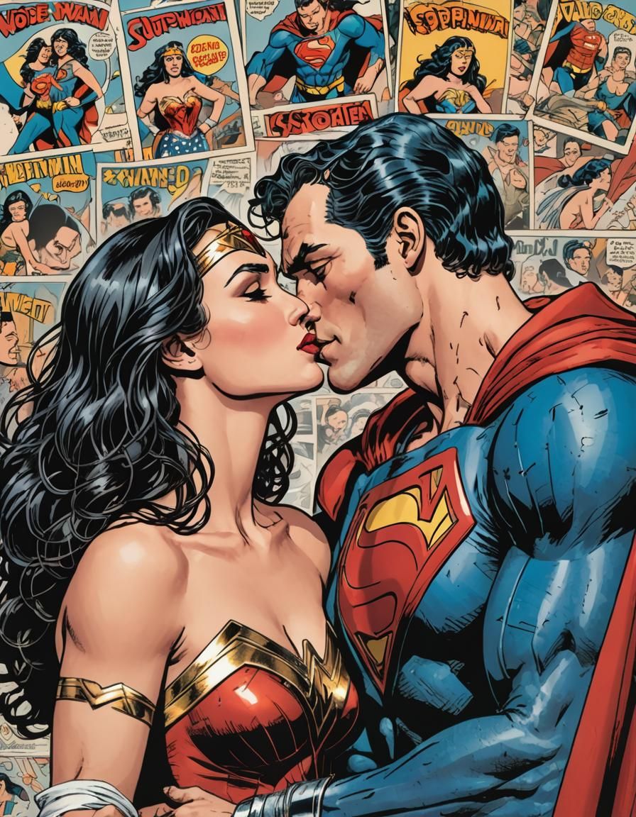 Wonder Woman and Superman Kissing Comic Art