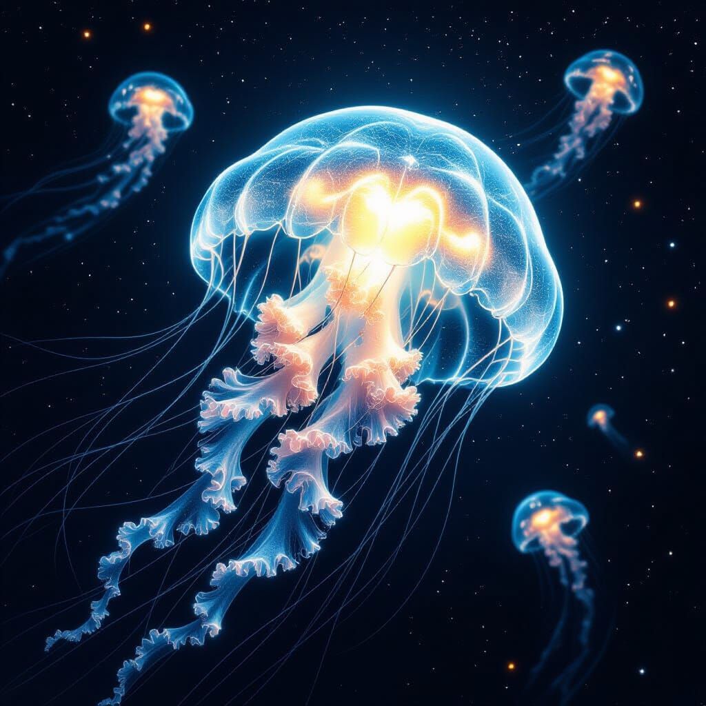 Bioluminescent Jellyfish Drifting Through Space