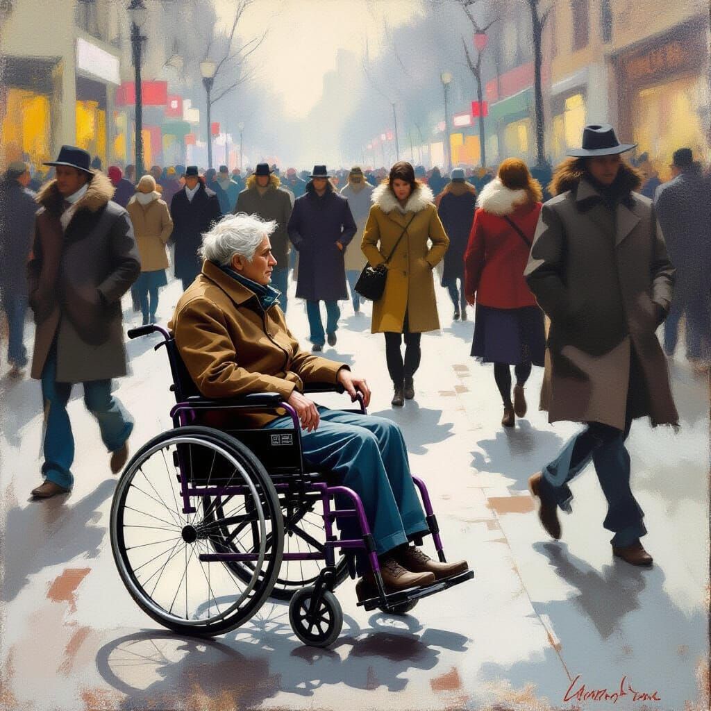 Stillness: A Wheelchair User in Public, a Painted Scene