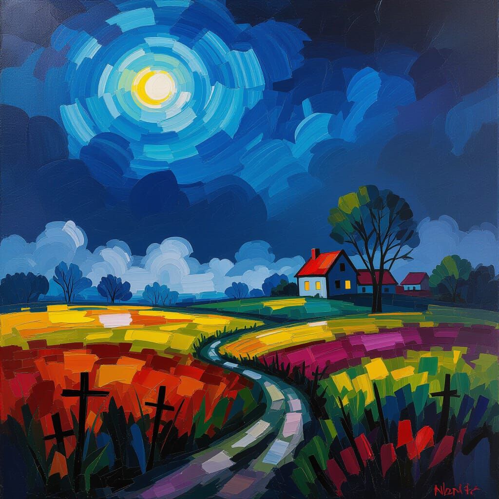 Spooky Foggy Field at Night: Neo-Impressionist Oil Painting
