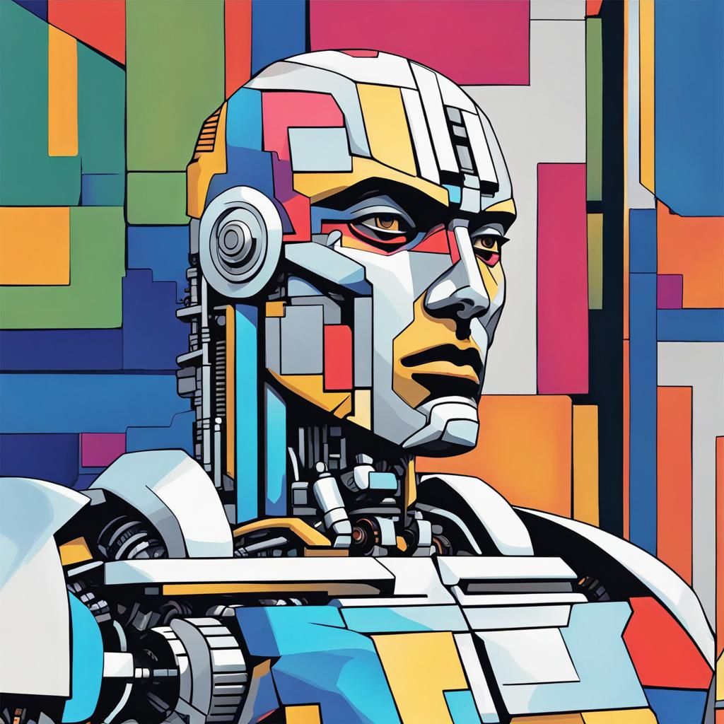Cyborg Robot Man in Cubist Abstract Art