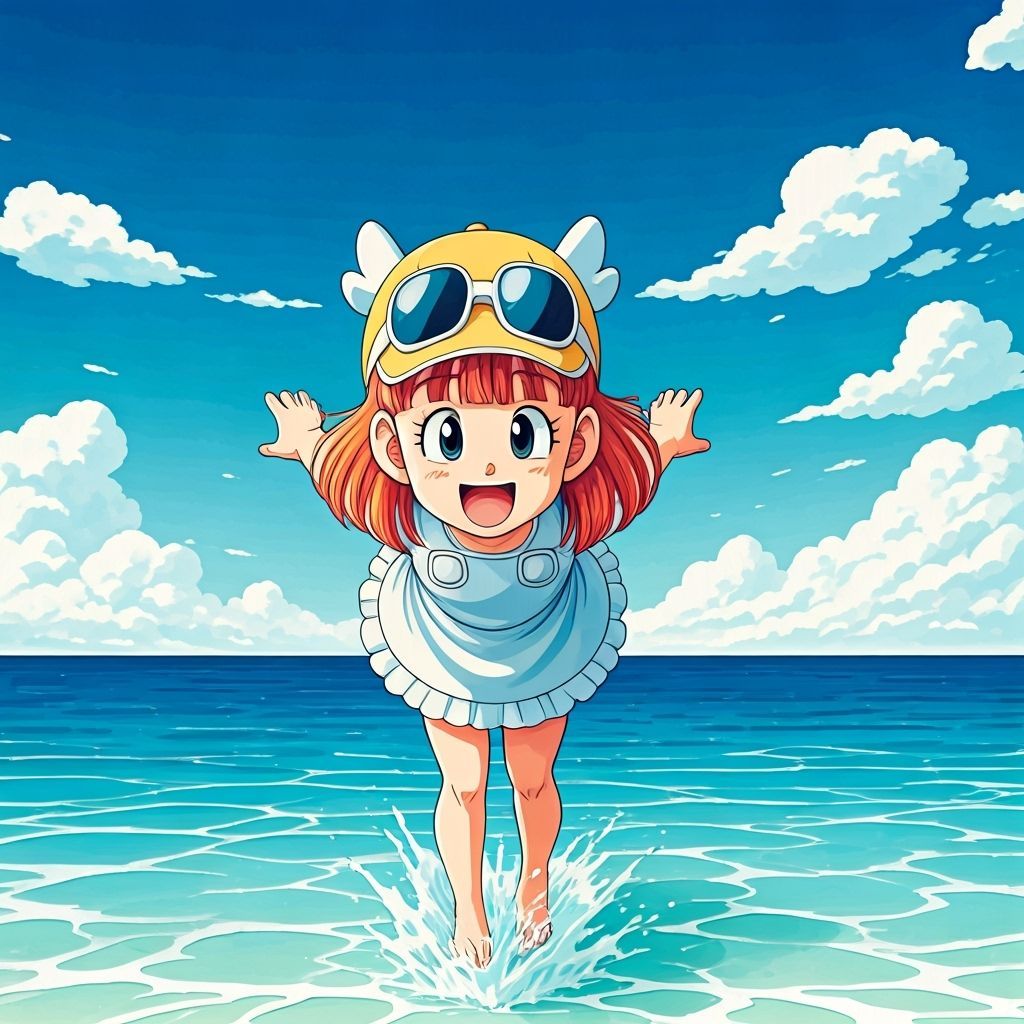 Adult Arale Norimaki Running on Water at Beach