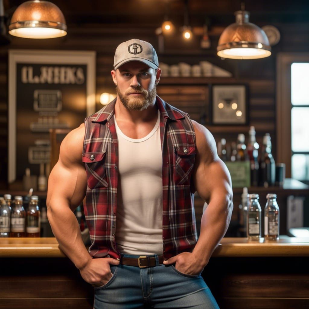 Muscular Bodybuilder at a Bar, Full Body Image