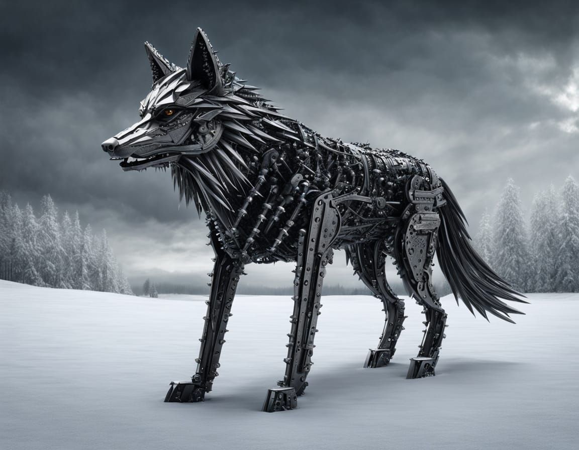 Wolf Sculpture of Screws and Nails in Snowy Landscape