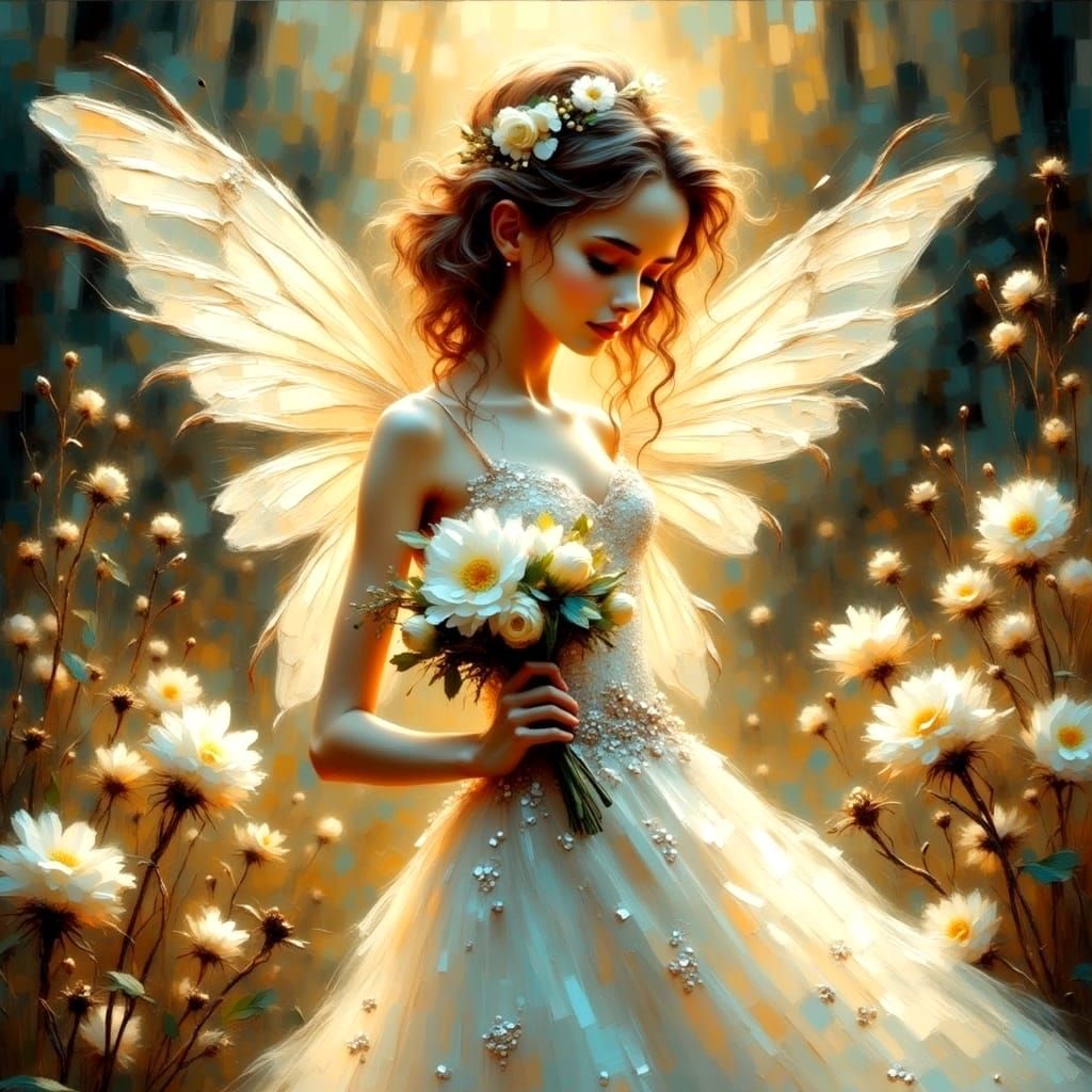 Ethereal Fairy Bride with Flowers, Impasto Painting
