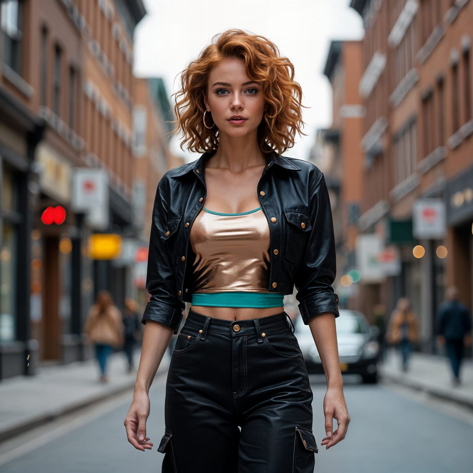 Woman in Latex Fashion Walking Down City Street