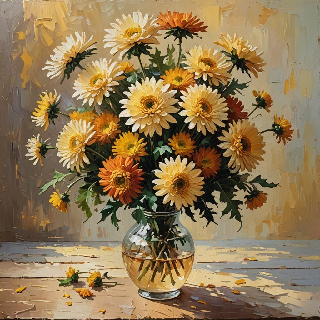 Impressionist Mums Still Life with Impasto Brushstrokes
