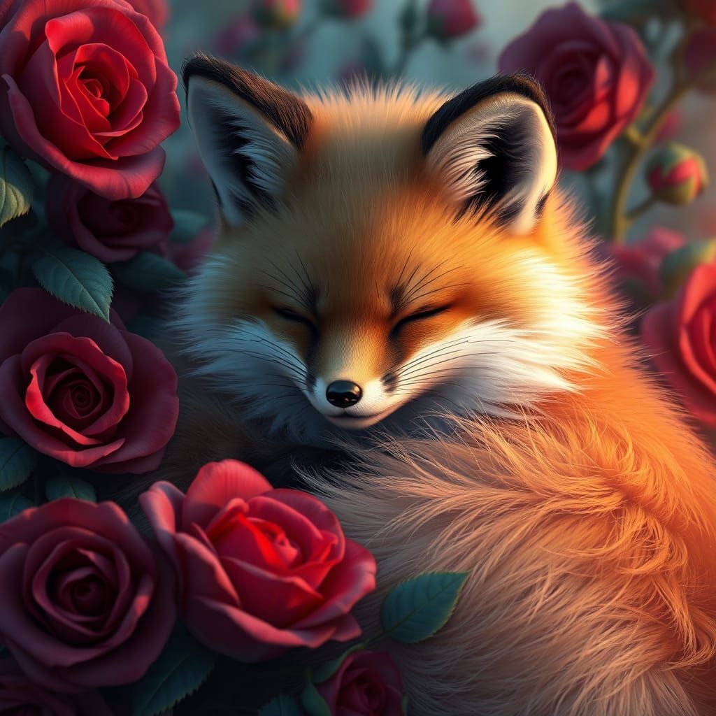 Fluffy fox sleeping on red roses