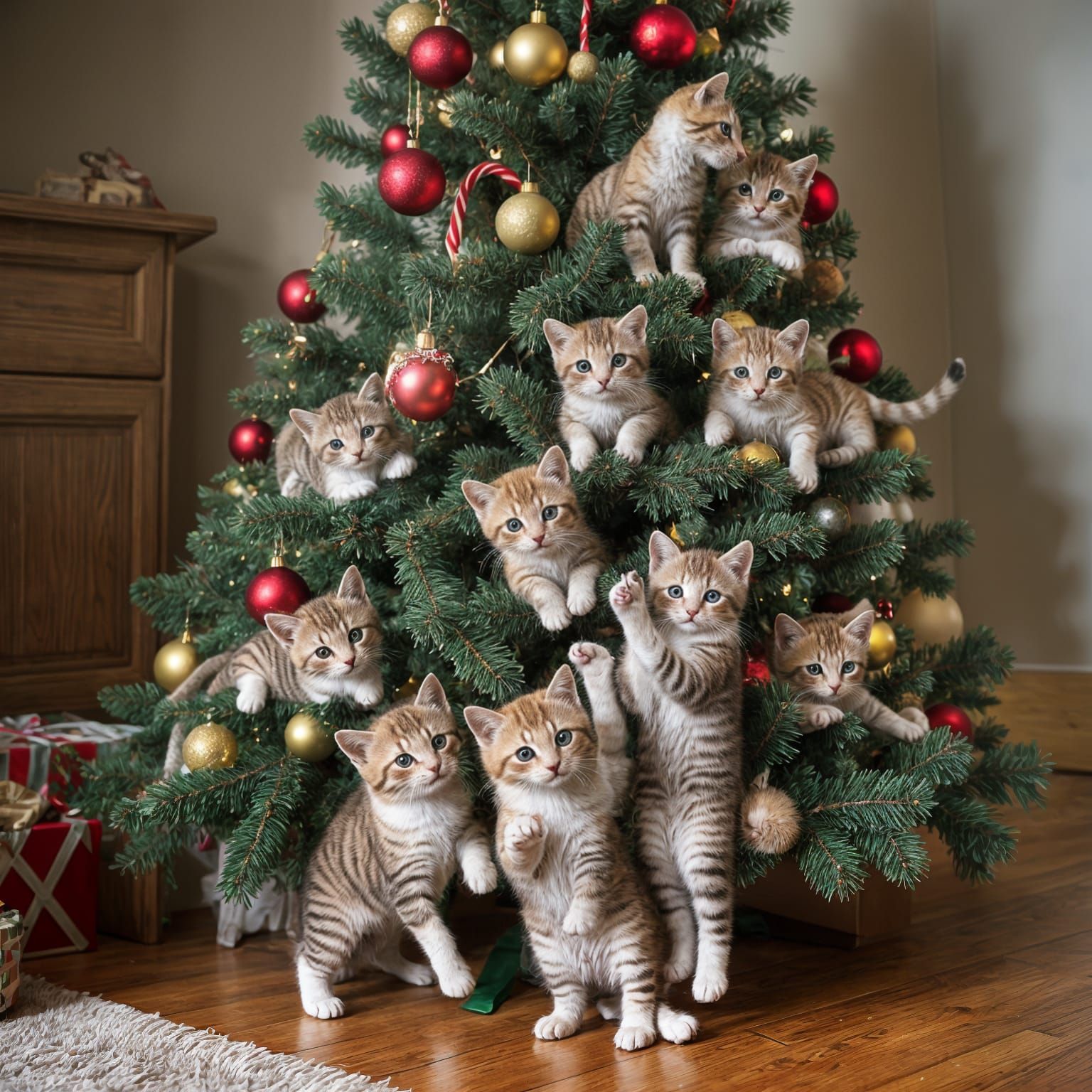 Whimsical Kittens Play Among Christmas Tree