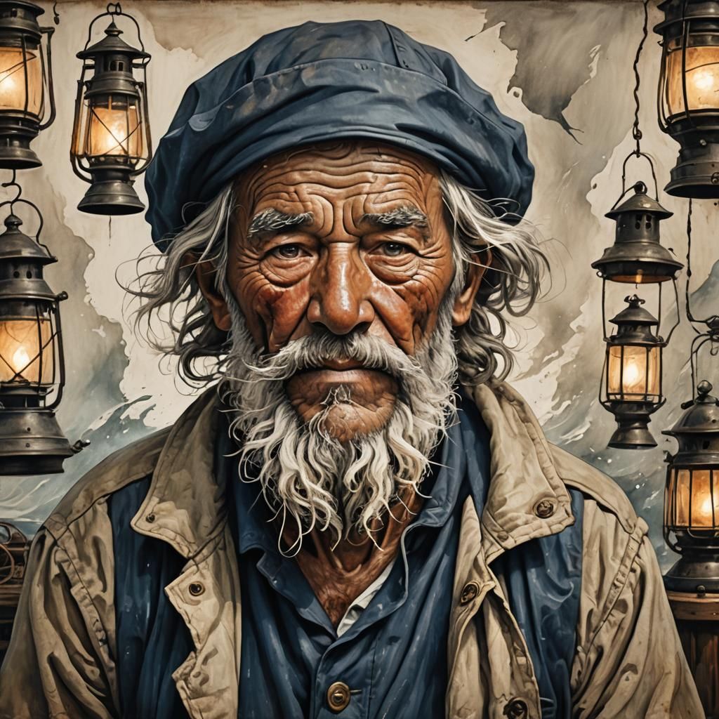 Old Sailor with Historical Lanterns at Twilight