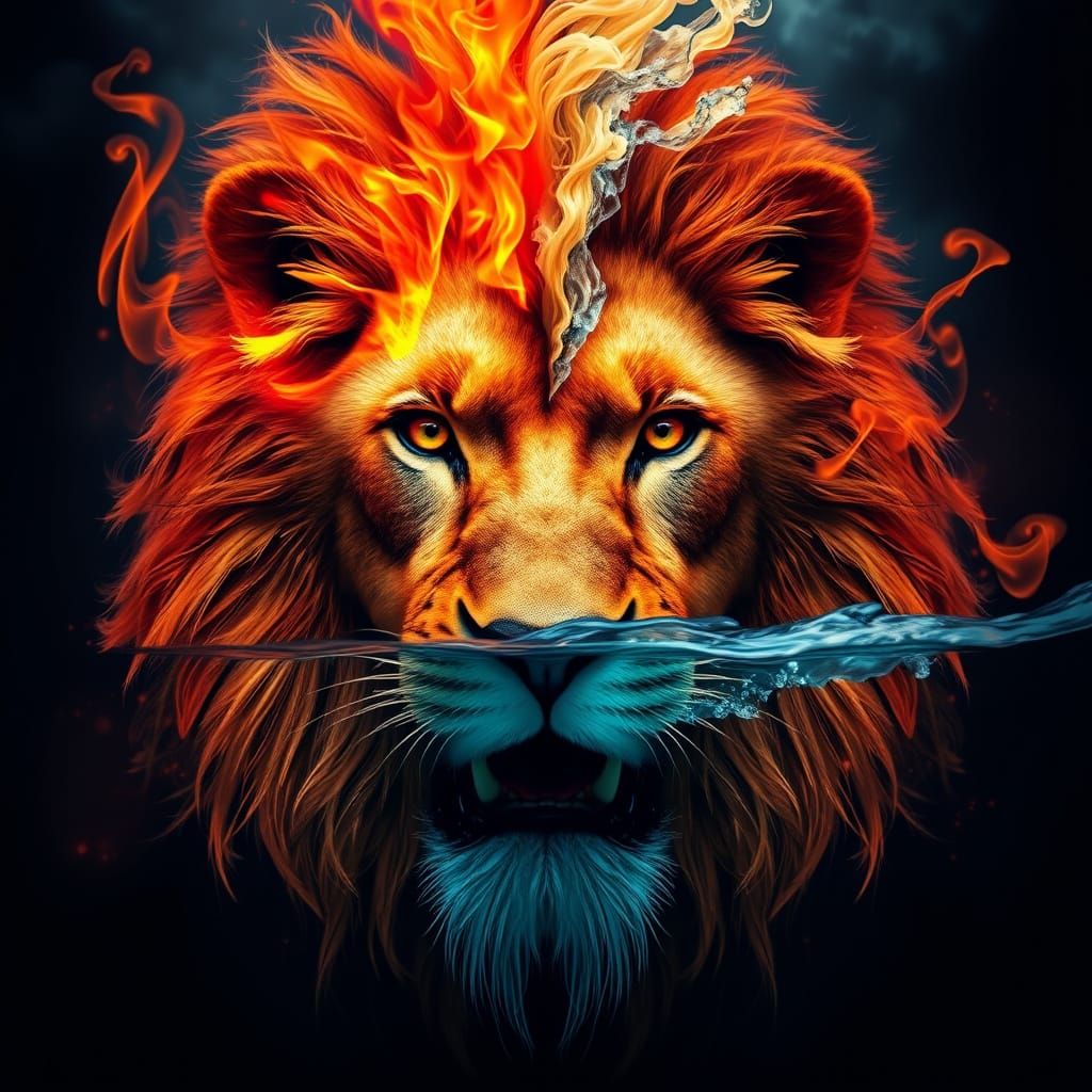 Majestic Lion Divided by Fire and Water