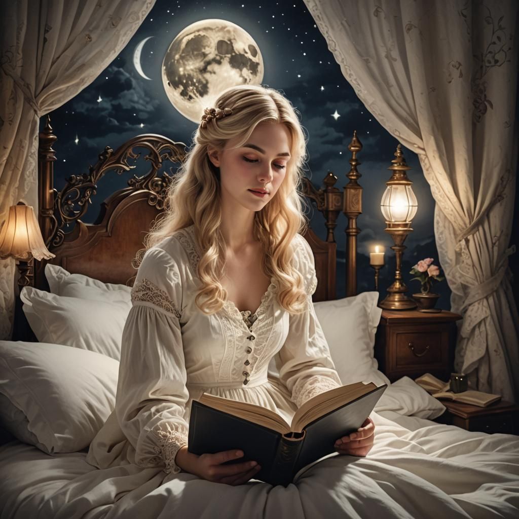 Victorian Girl Reading by Moonlight