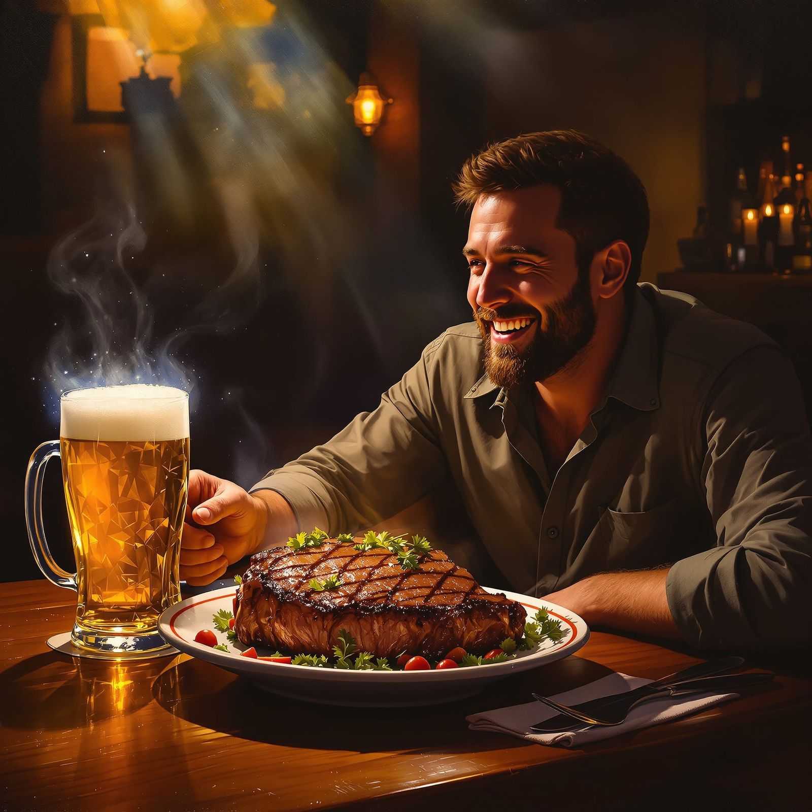Magical Steak and Beer: Joyful Man in Golden Light