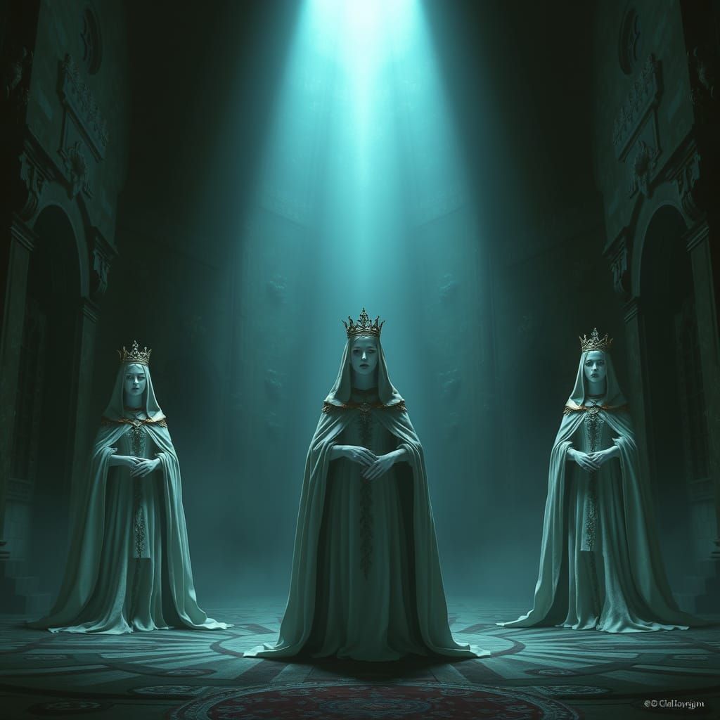 Ominous Image of Three Pale Women in Dark Room