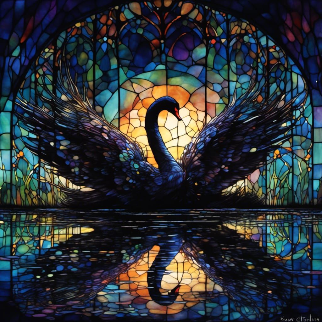 Majestic Black Swan in Stained Glass Oil Painting