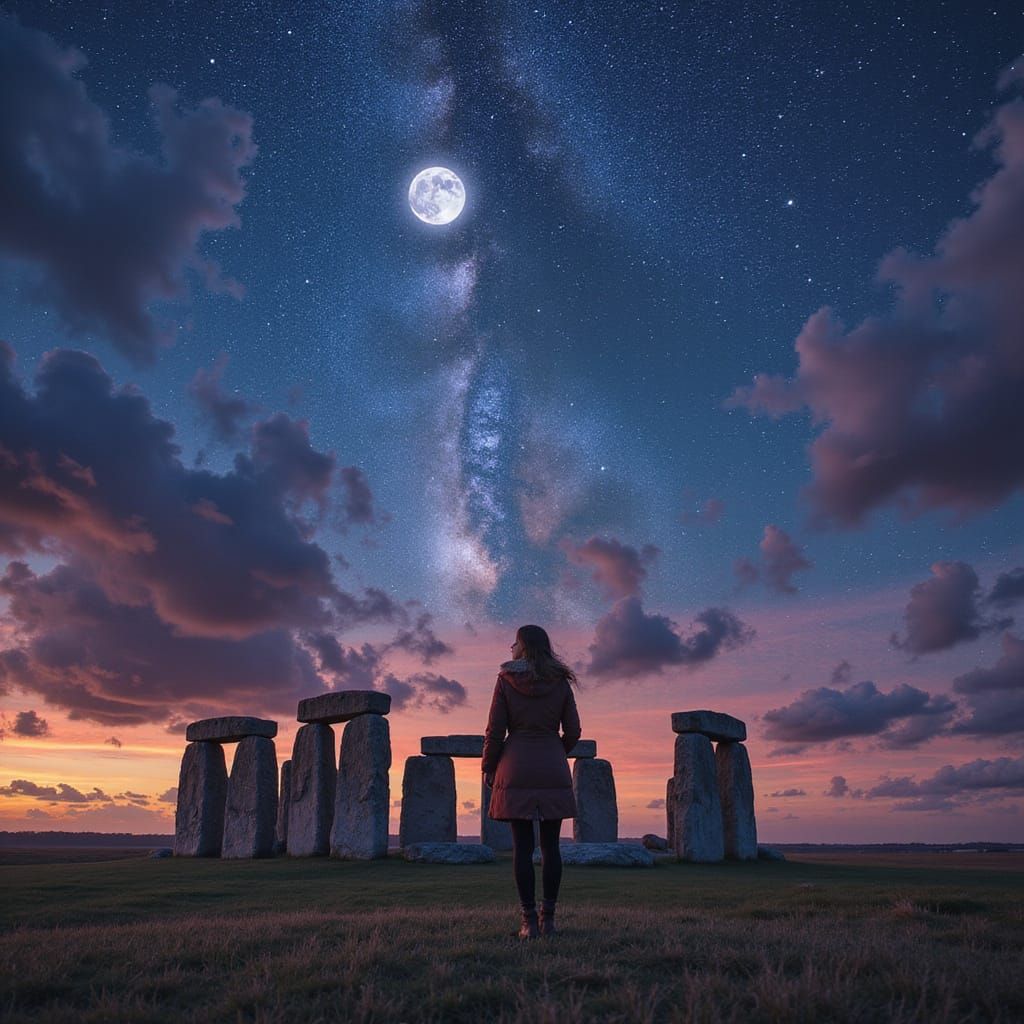 Night sky over Stonehenge, with the moon and Milky Way