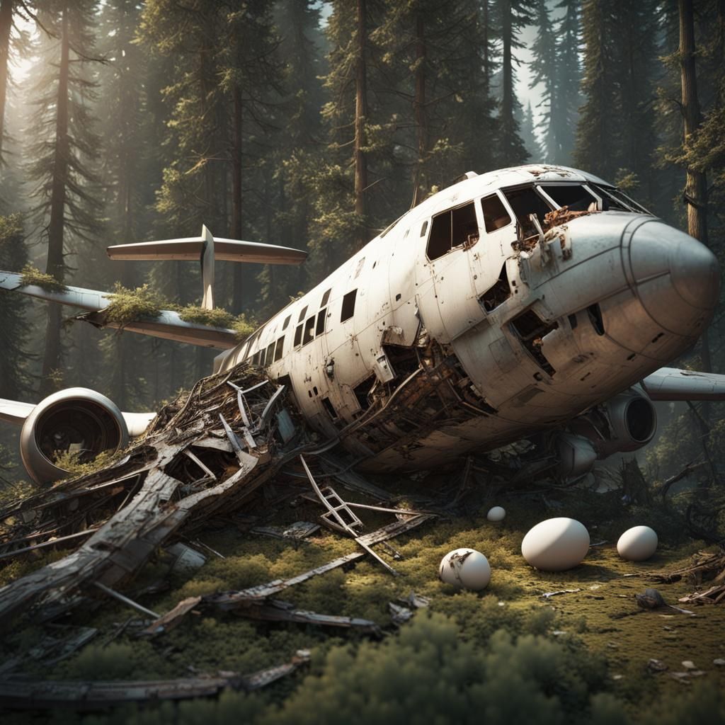 Crashed Plane in Forest with Bear, Sci-Fi Render