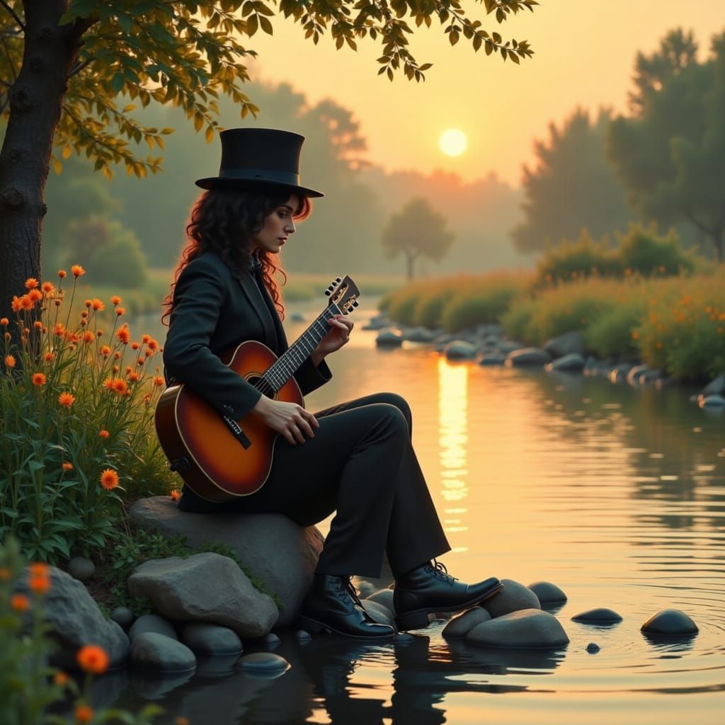 Whimsical Riverbank Serenade in Watercolor Style