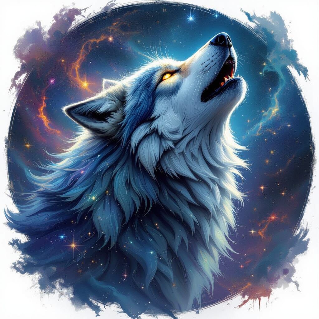 Celestial Wolf Howling in Cosmos: Dark Fantasy Art