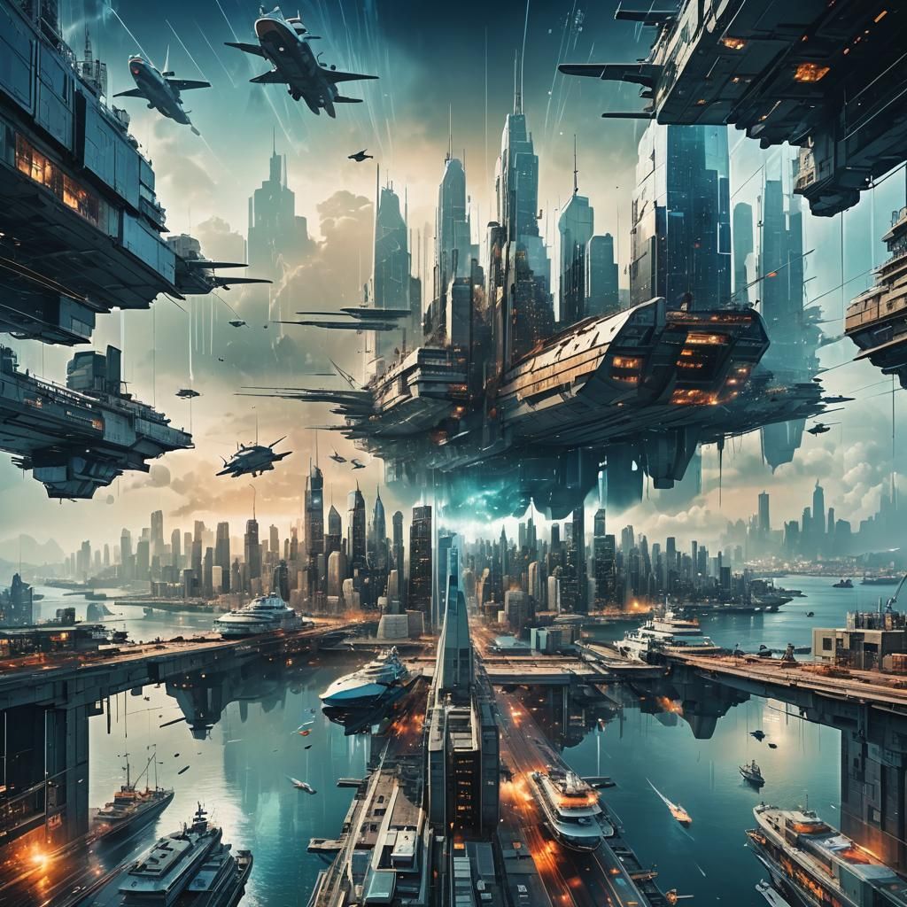 Futuristic Double Exposure: City, Space, and Sea