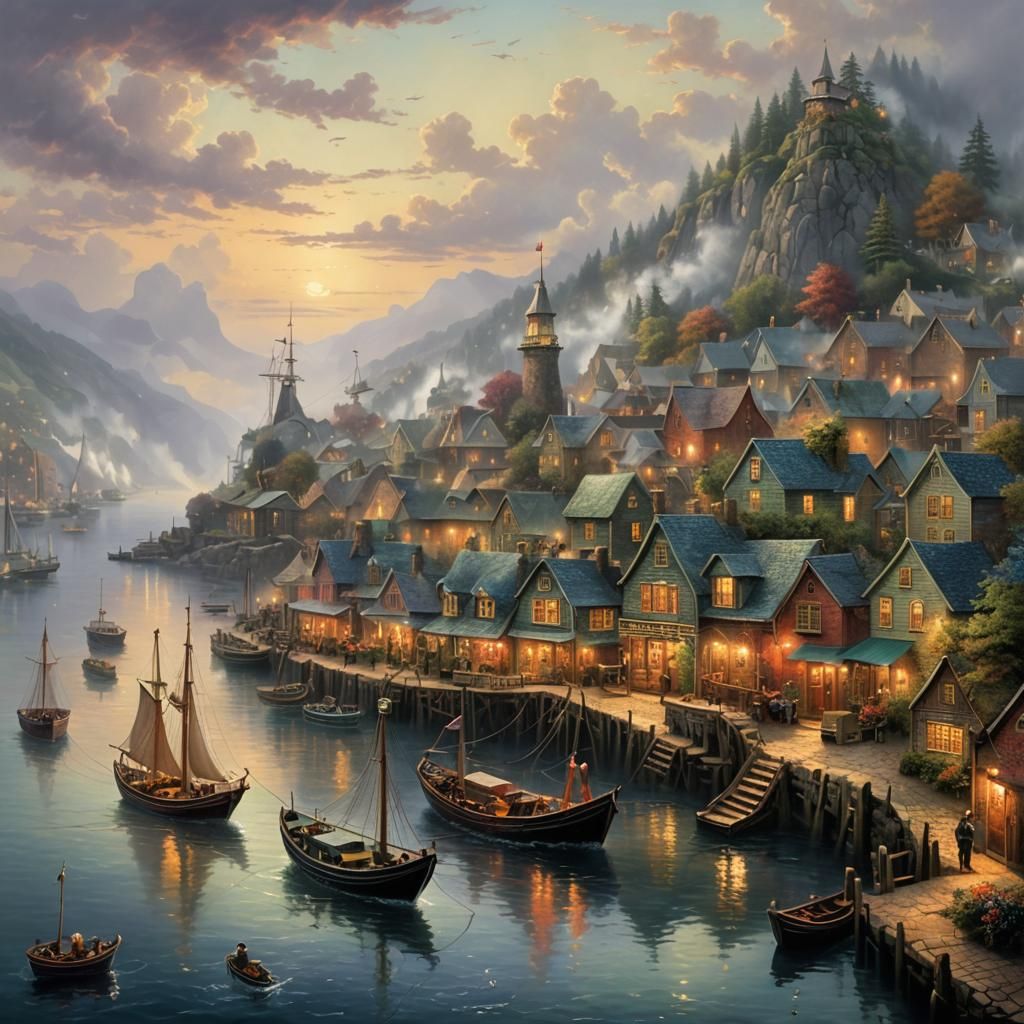 Seaport Town with Fishing Boats in Ethereal Style