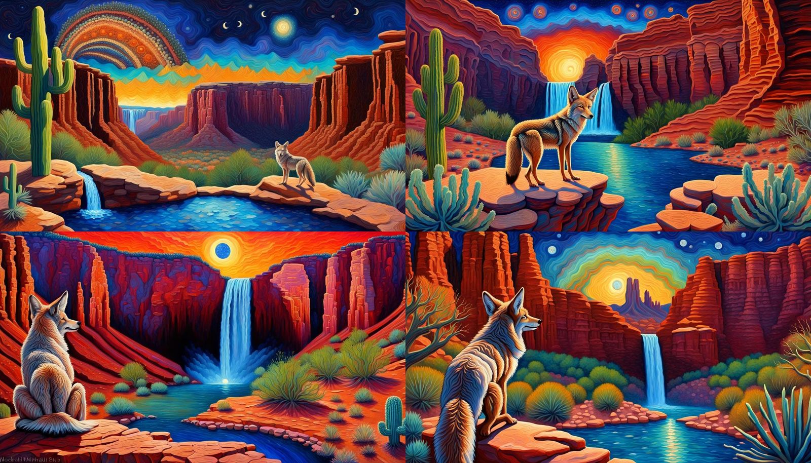 Coyote at Multicolored Canyon Waterfall in Impasto Style