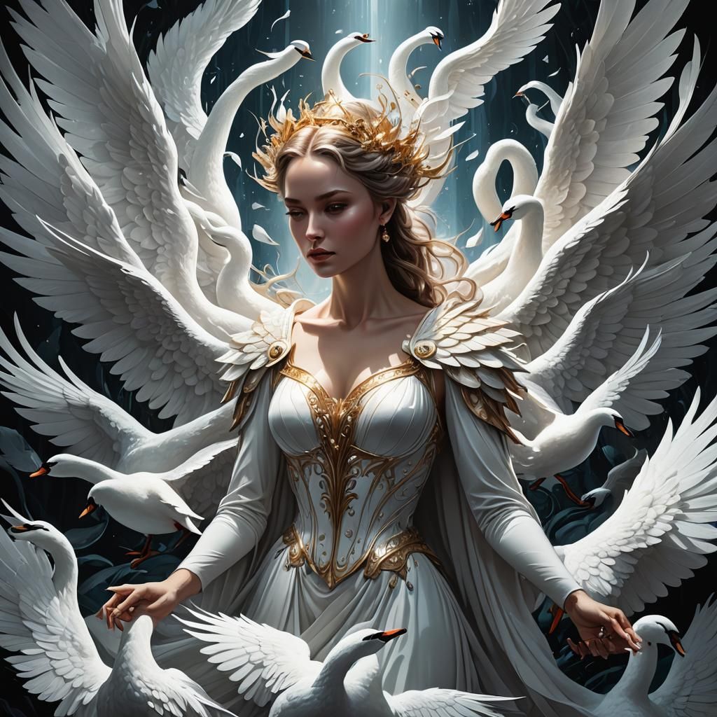 Ethereal Woman with Swan Wings in Digital Art