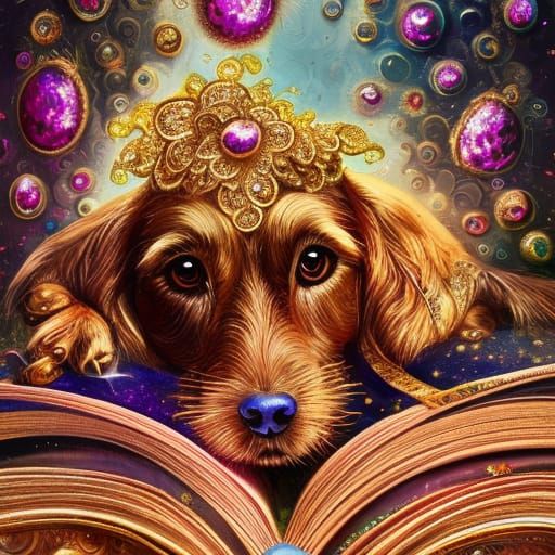 Cute Dog Reading: Glitter Gold Digital Painting