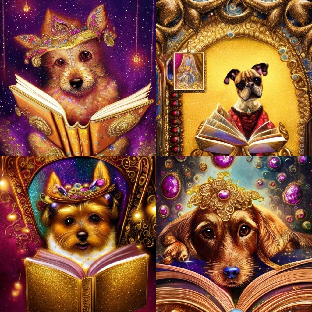 Dog Reading Book with Gold Glitter Fractals