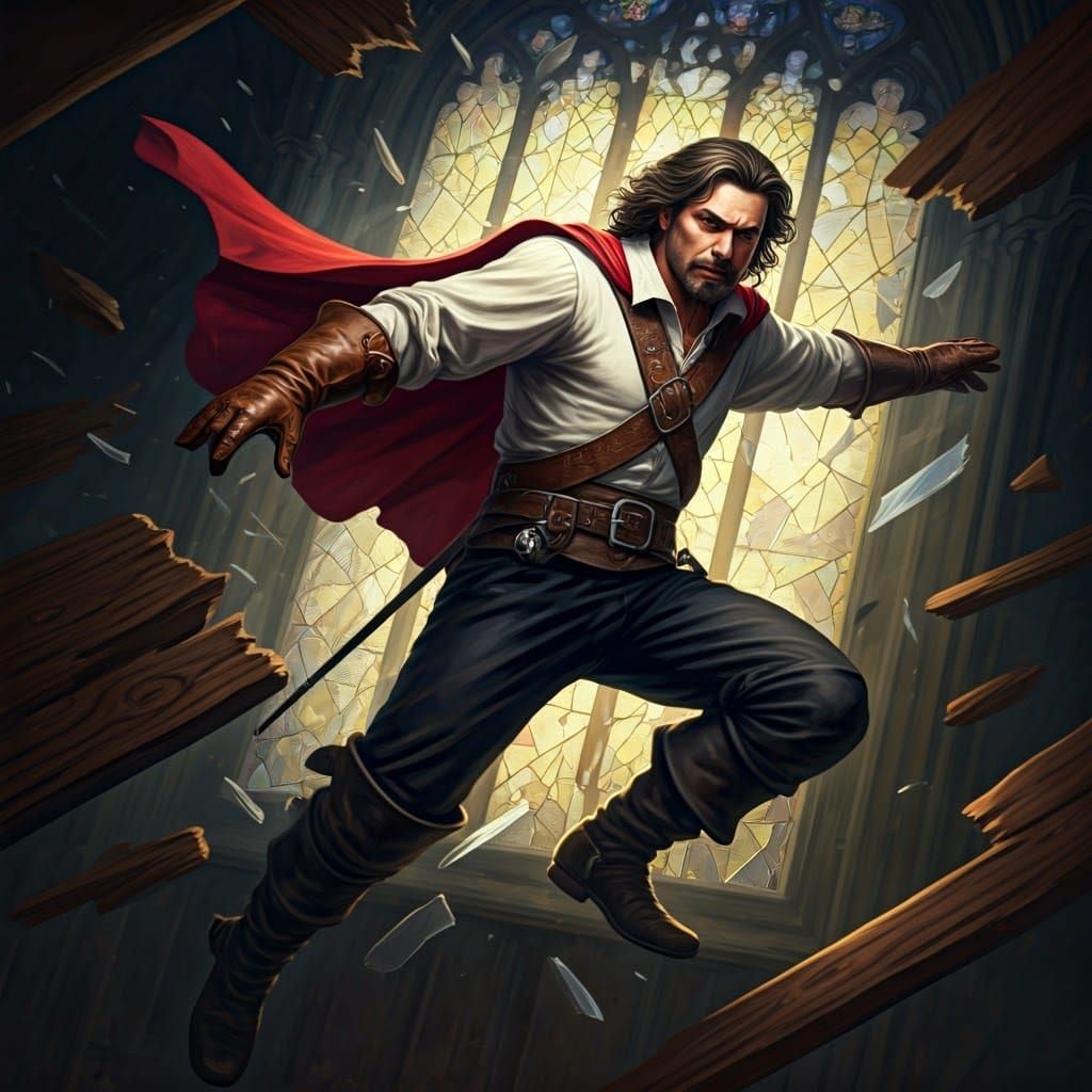 Musketeer Crashing Through Stained Glass Window