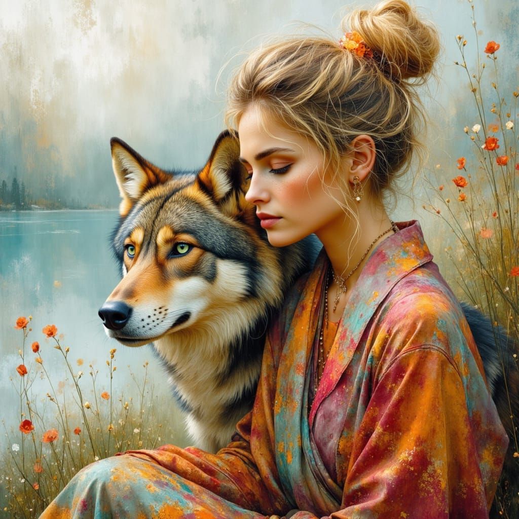 Gypsy Woman and Wolf in Siberian Wilderness