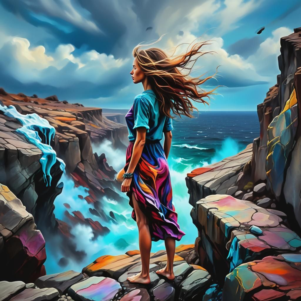 optical illusion ,A woman stands on a clifft. The hair blows dynamically in the wind. ,masterpiece ugly, tiling, poorly ...