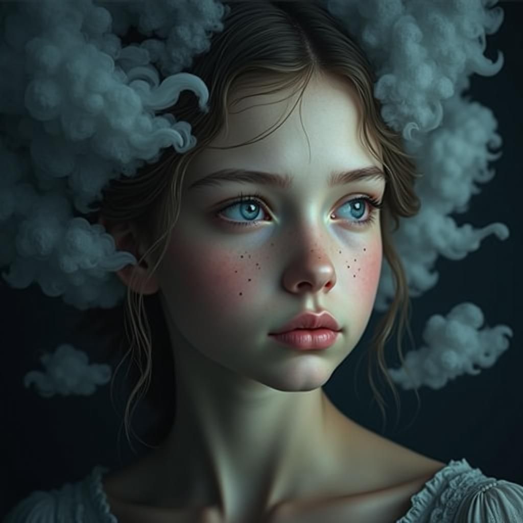 Melancholic Girl with Musical Clouds, Hyper-Realistic