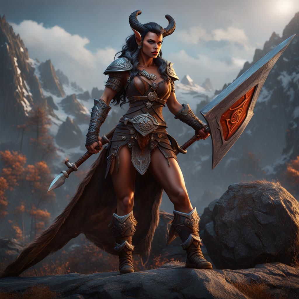 Fearsome Orc-Tiefling Hybrid Barbarian Woman